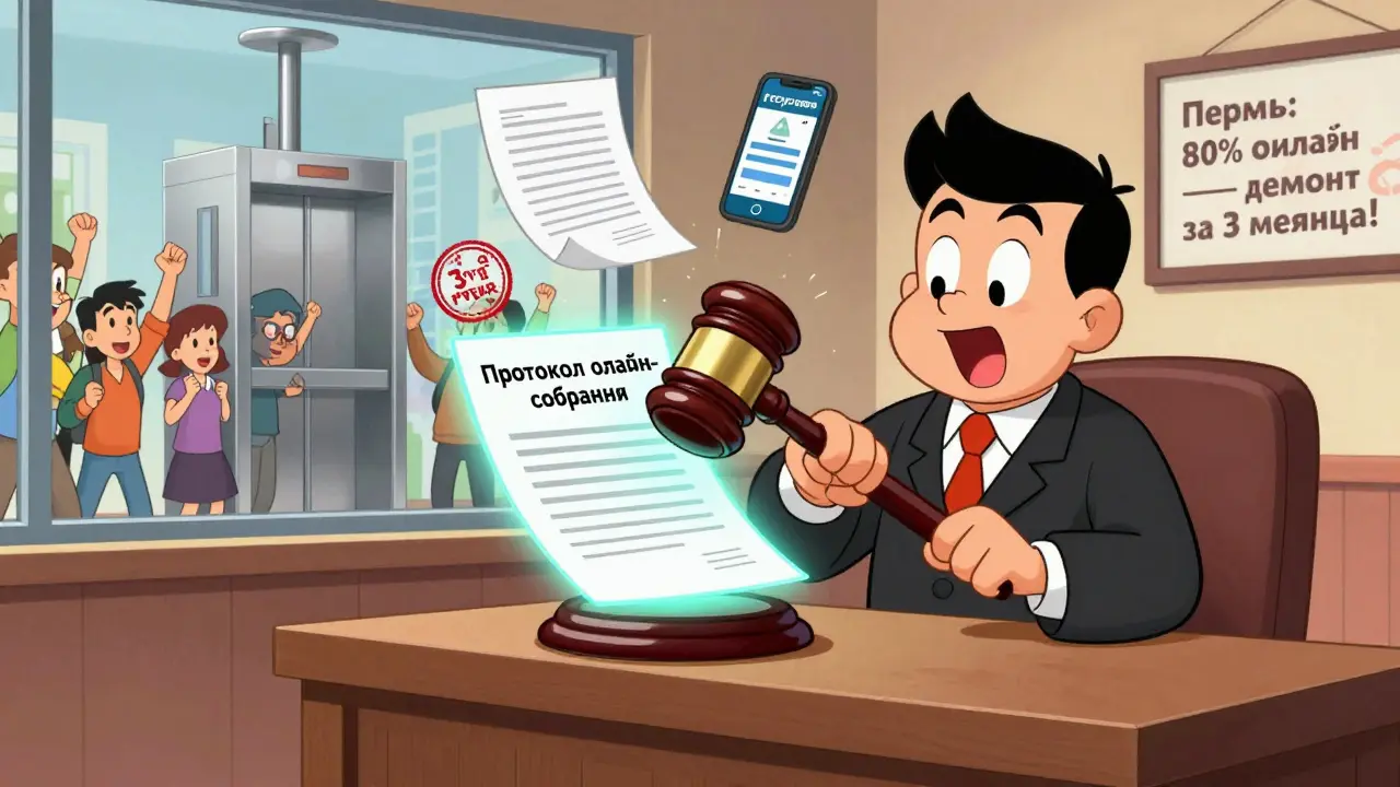 Судья бьет молотком по цифровому протоколу, вокруг — бумажный бюллетень, телефон и надпись о хранении данных 3 года.
