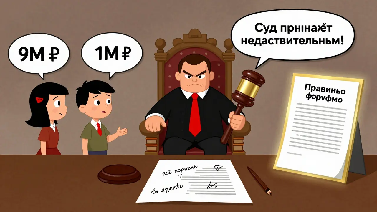 Судья отклоняет расплывчатый брачный договор, в то время как чёткий договор светится золотом в мультяшной судебной сцене.