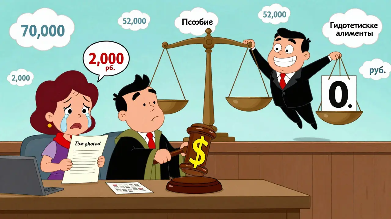 Судья в суде решает спор между матерью и отцом, где на весах сравниваются реальные и гипотетические алименты.