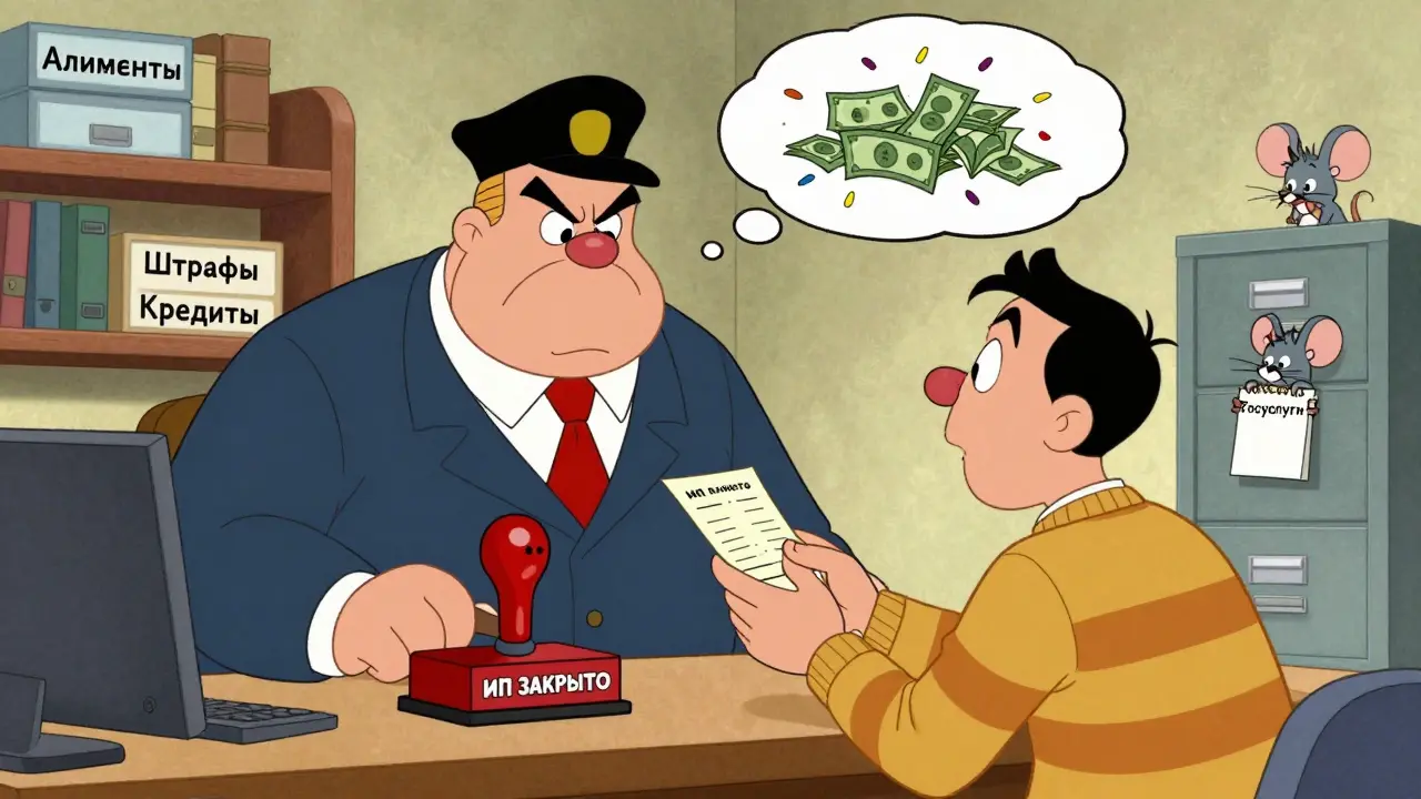 Судебный пристав с гигантской печатью закрывает исполнительное производство, а должник передаёт квитанцию.