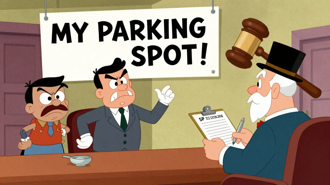 Судебный спор над парковочным местом в стиле мультфильма с гигантской табличкой.