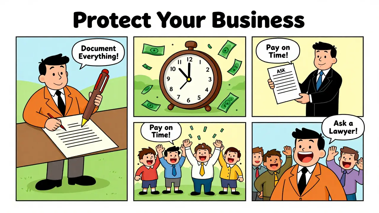 Три шага защиты работодателя: подписание договора, своевременная зарплата и консультация юриста — в ярком мультяшном стиле.