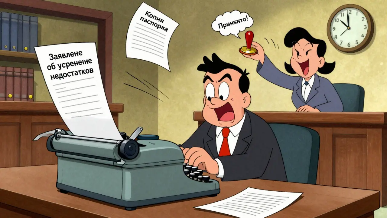 Юрист спешит подать исправленные документы, пока тикает часы — в мультяшной анимации.