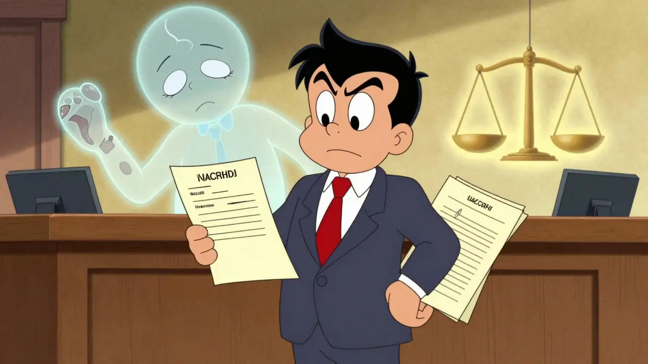 Юрист стоит в суде с пачкой документов, за ним прозрачный силуэт пострадавшего с болью и бессонницей, над головой — весы справедливости.