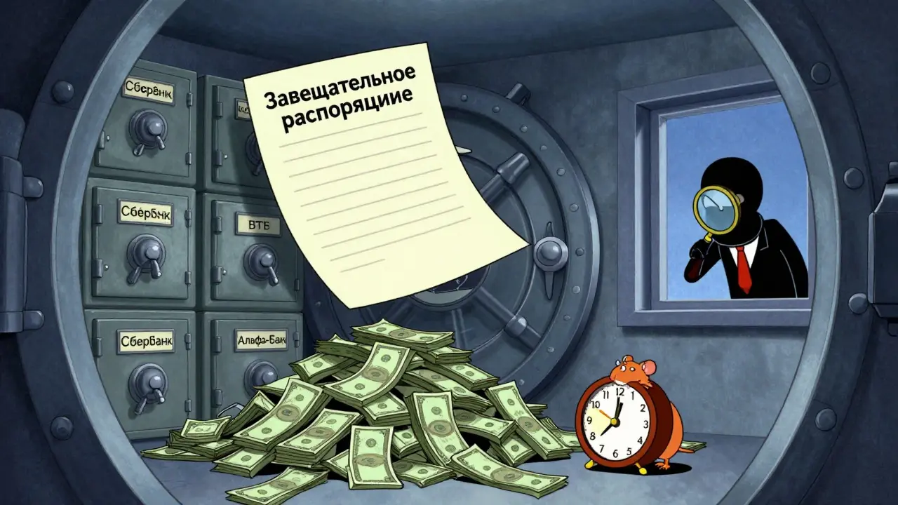 Завещательное распоряжение в сейфе банка с таймером на 6 месяцев и мультяшными символами наследства.