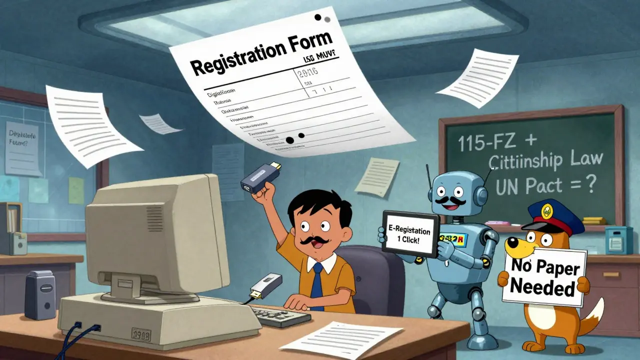 Безумный офис УВМ МВД с летающими бумагами, устаревшим компьютером и роботом, предлагающим цифровую регистрацию.