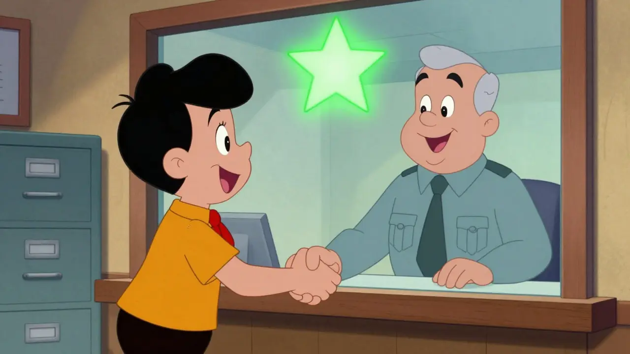 Человек передает заявление судье в окне приема, светлая атмосфера мультипликационного рисунка.