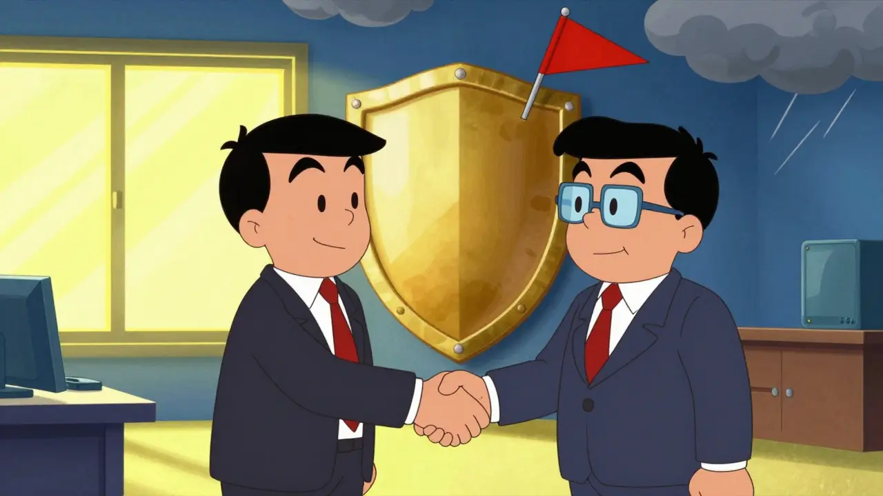 Два героя жмут руки перед щитом, отбивающим красные угрозы