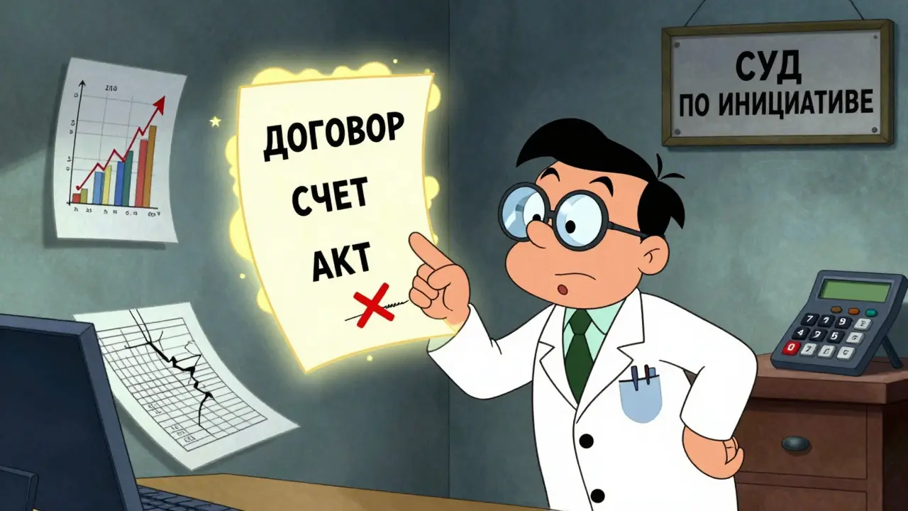 Эксперт с лупой проверяет документы, включая поддельную подпись, в стиле мультфильма Ханна-Барбера.