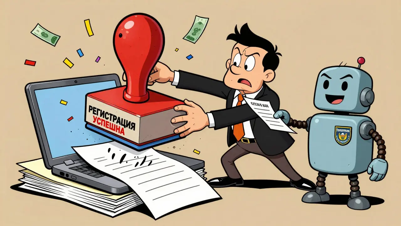 Гигантская печать 'Регистрация успешна' опускается на ноутбук и базу данных.