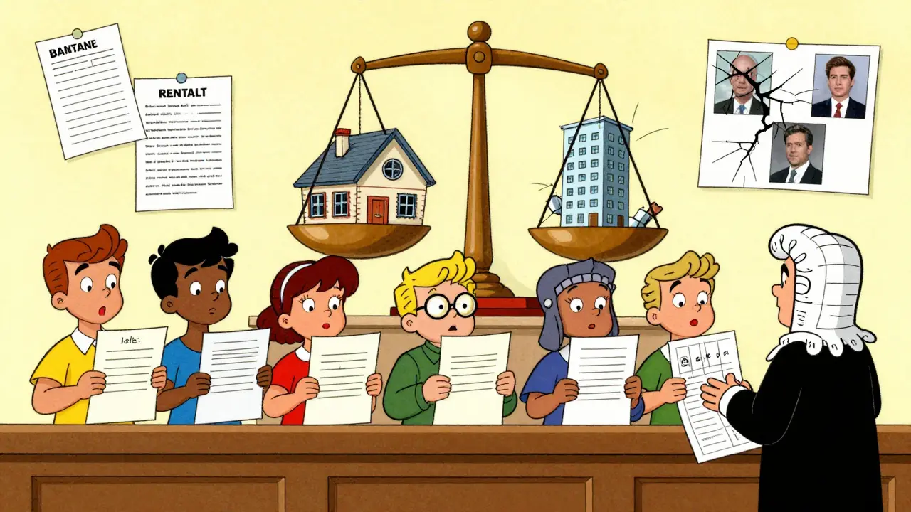 Группа жильцов в суде предъявляет документы, судья смотрит на весы, сравнивающие старый дом и новую квартиру.