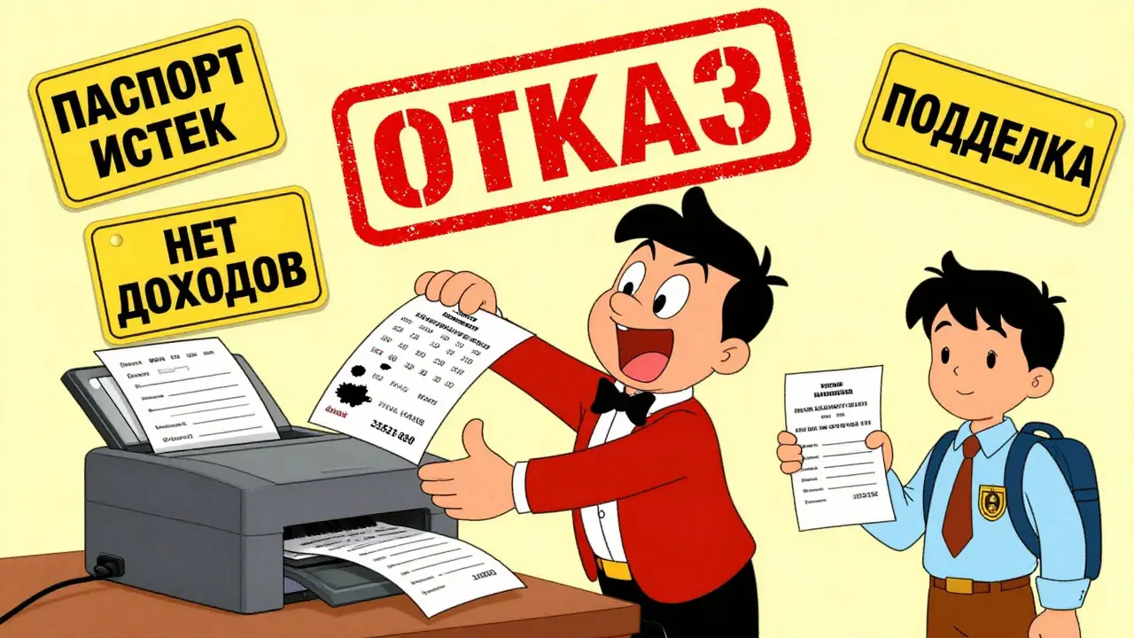 Хозяин пытается исправить ошибку в приглашении, вокруг — предупреждения об отказе, а студент с правильным документом улыбается.