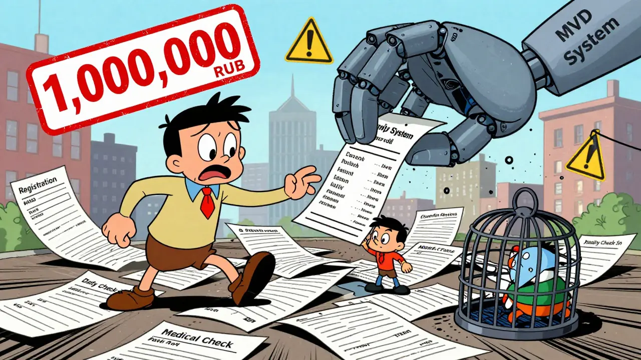 Иностранец запутался в бумажках, над ним опускается огромная рука с штрафом, а вокруг — предупреждающие знаки.