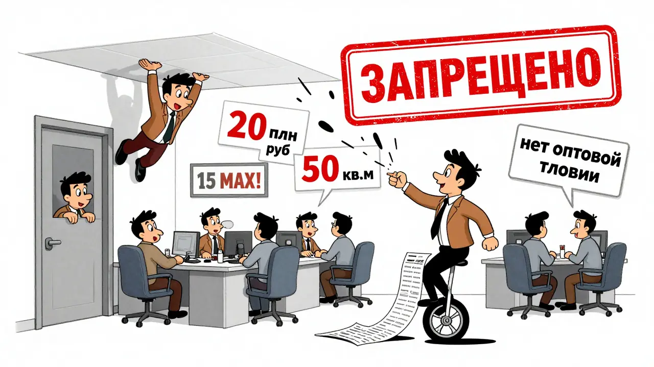 ИП с 16 сотрудниками в переполненном офисе, надпись '15 максимум' и красный запрет.