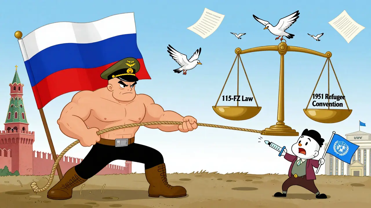 Комичная перетягивание каната между государством и правами человека, с балансом между законом РФ и международной конвенцией.