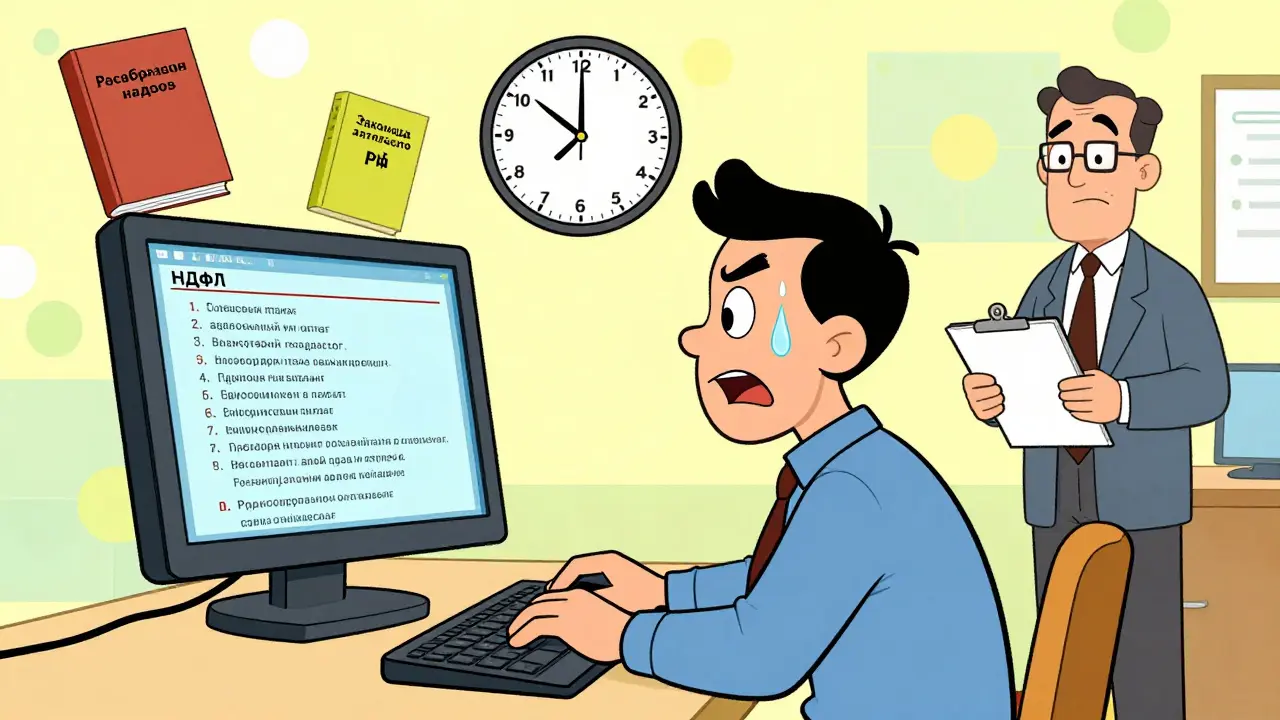 Мужчина сдает компьютерный экзамен по русскому языку, на экране — юридические термины.