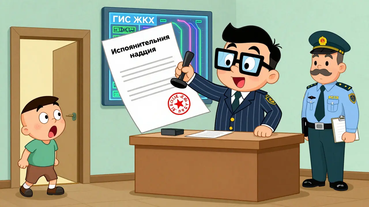 Нотариус печатает исполнительную надпись, а пристав ждёт с документами в фоне.