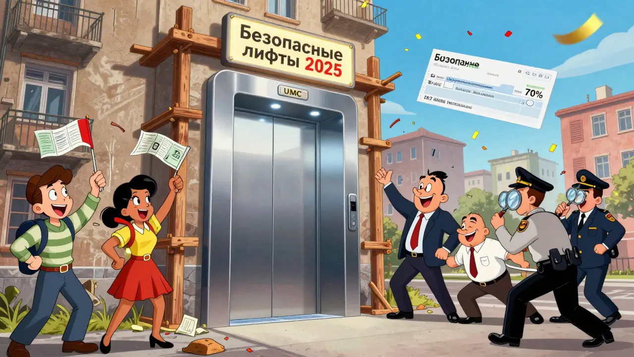 Новый лифт устанавливается в доме, жильцы празднуют, а чиновник уводится инспекторами.