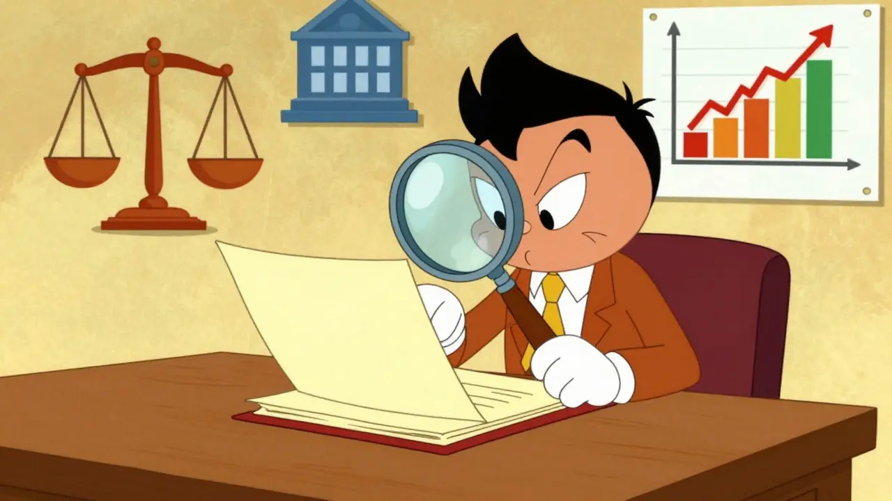 Персонаж рассматривает документы лупой на столе с печатью