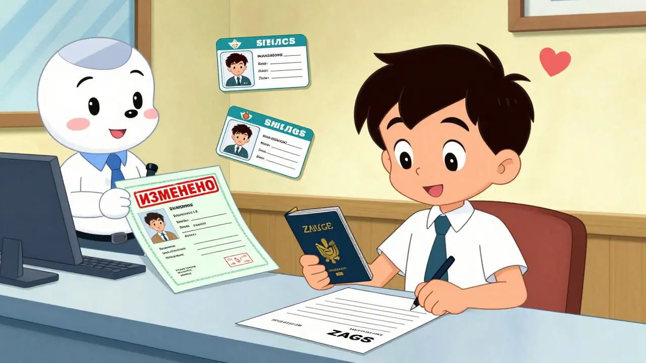 Подросток подписывает документы в ЗАГСе, новые документы меняются вокруг него.