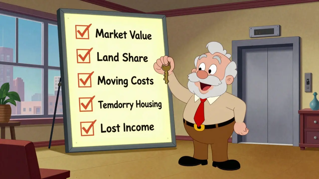 Пожилой человек получает ключ от новой квартиры с лифтом и современными окнами, на фоне — чек-лист из пяти компенсационных пунктов.