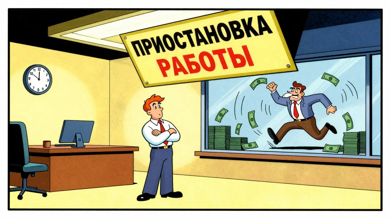 Рабочий остановил работу, босс бегает с падающими деньгами, надпись 'Приостановка работы'.