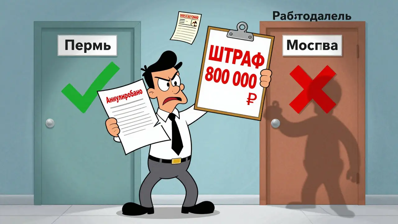 Работник с аннулированным патентом стоит между регионами, над головой — штраф.
