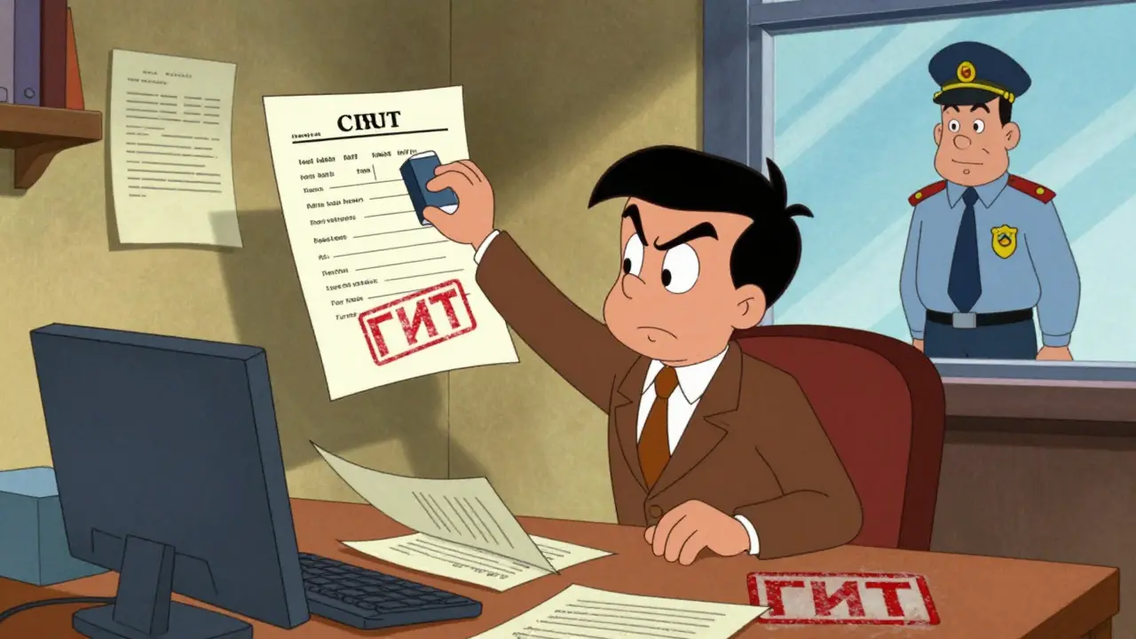 Работник собирает документы, над ним — надзорная инспекция, босс пытается стереть его из списка