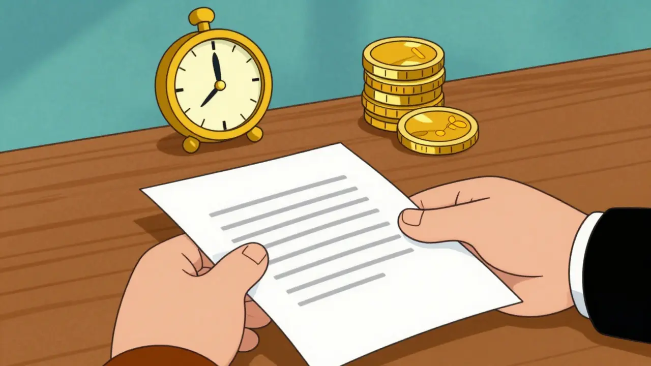 Рукопожатие над документом с символами срока и стоимости.