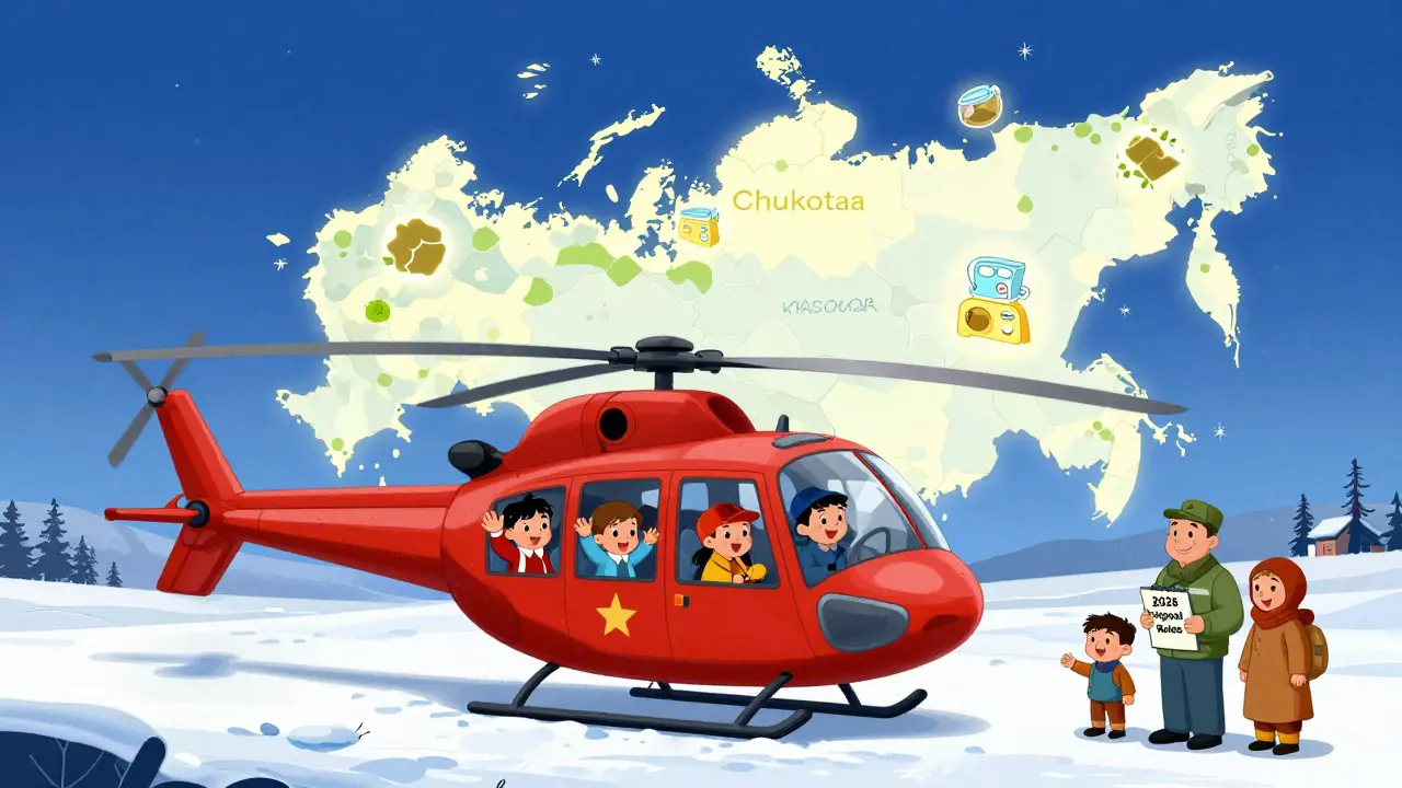 Семья в Якутии садится в вертолёт для бесплатной доставки детей в школу.