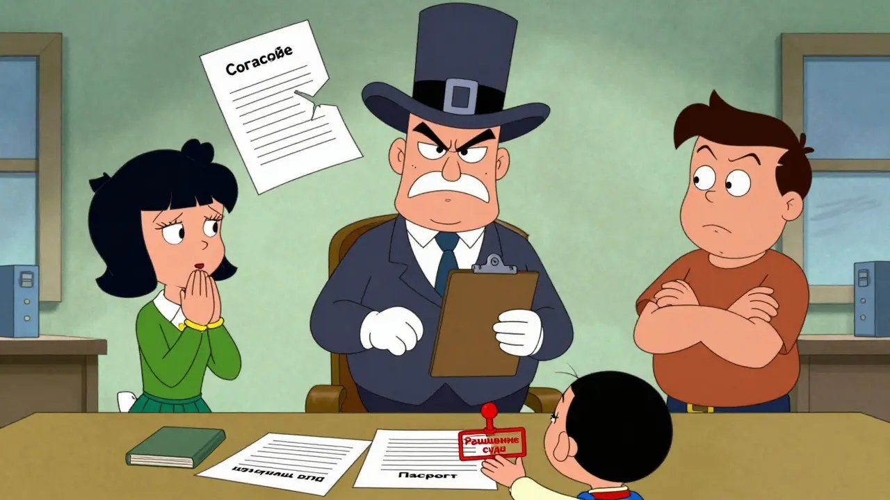 Сотрудник опеки между родителями, один согласен, другой против, документы в воздухе.