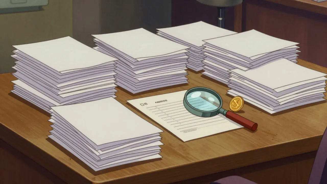 Стопка документов и монет на столе для оформления банкротства в стиле ретро-мультфильма.