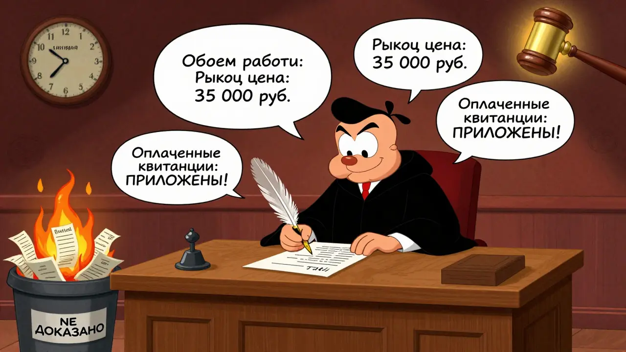 Судья пишет мотивированное решение, рядом — документы и сгоревшие неподтвержденные расходы, надпись '1 января 2024'.