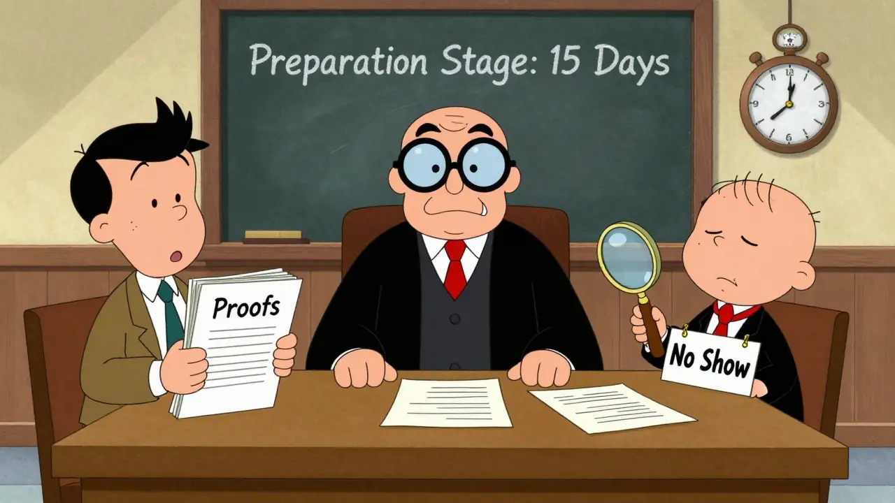 Судья ведет судебное заседание, одна сторона представляет доказательства, другая отсутствует.