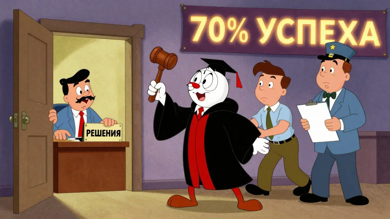 Суд восстанавливает работника на месте, новый сотрудник уходит, на стене — надпись '70% успеха'