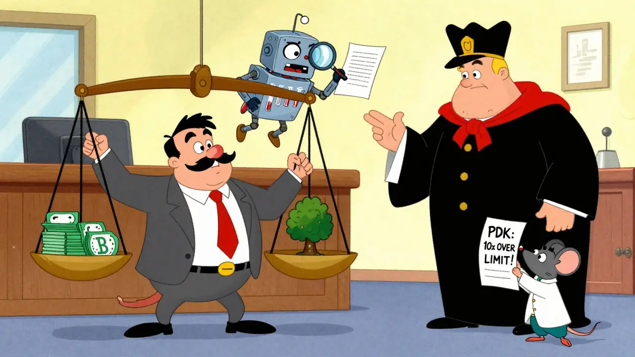 Судебный процесс: фабрикант виновен, судья с весами сравнивает дерево и деньги, робот-эколог показывает данные.