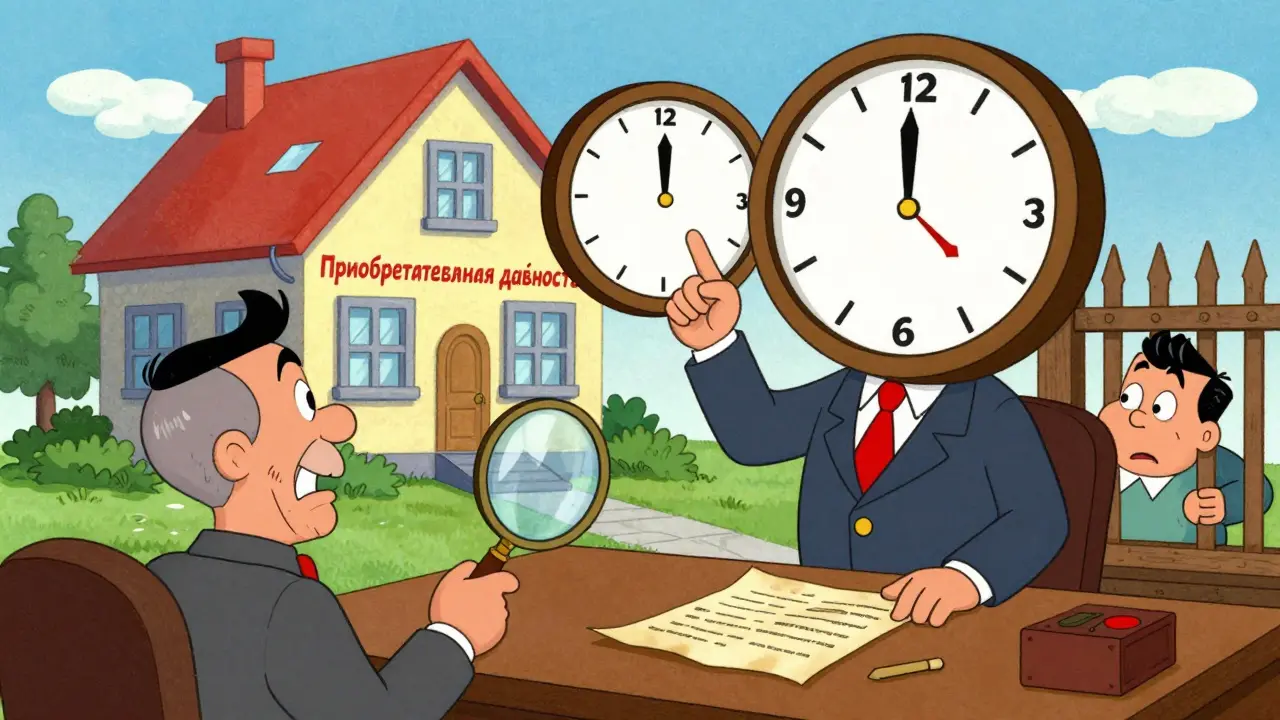 Судебный процесс по приобретательной давности: дом с надписью '15 лет' и удивленный сосед в мультяшном стиле.