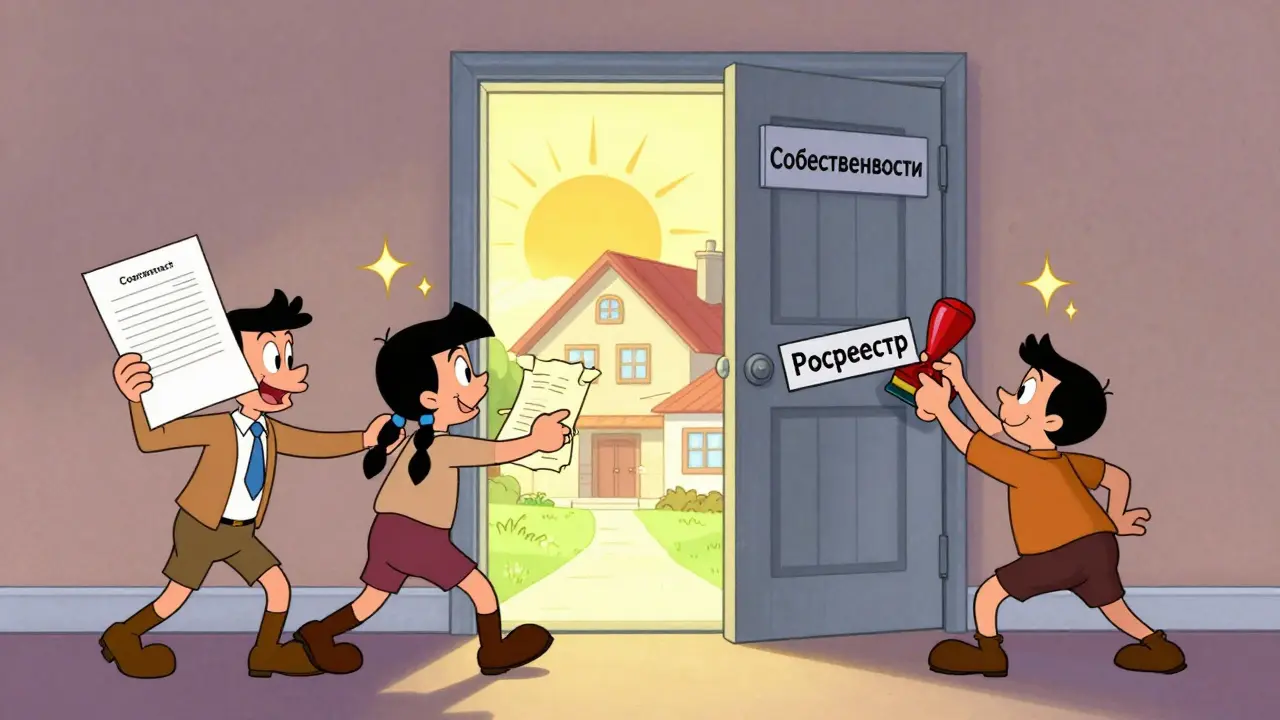 Три человека пытаются открыть дверь собственности, пока штамп Росреестра открывает её.