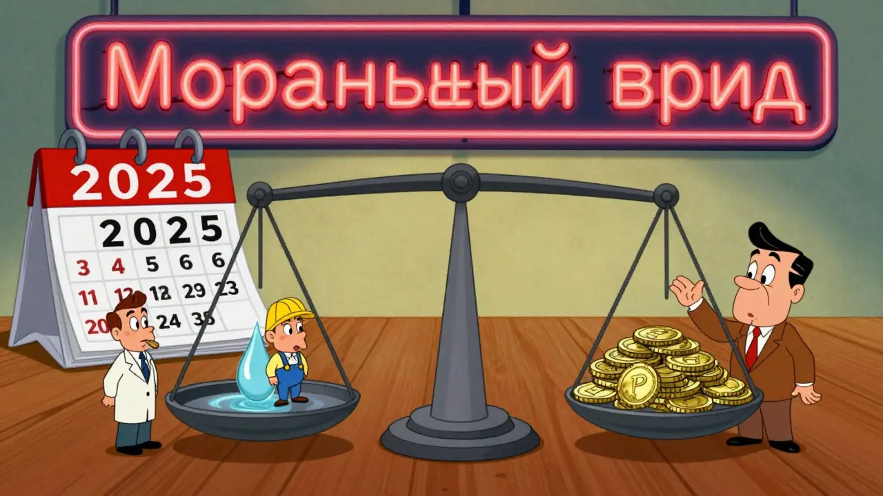 Весы, сравнивающие слезу и деньги, с фигурами виновников и надписью 'Моральный вред' в стиле мультфильма.
