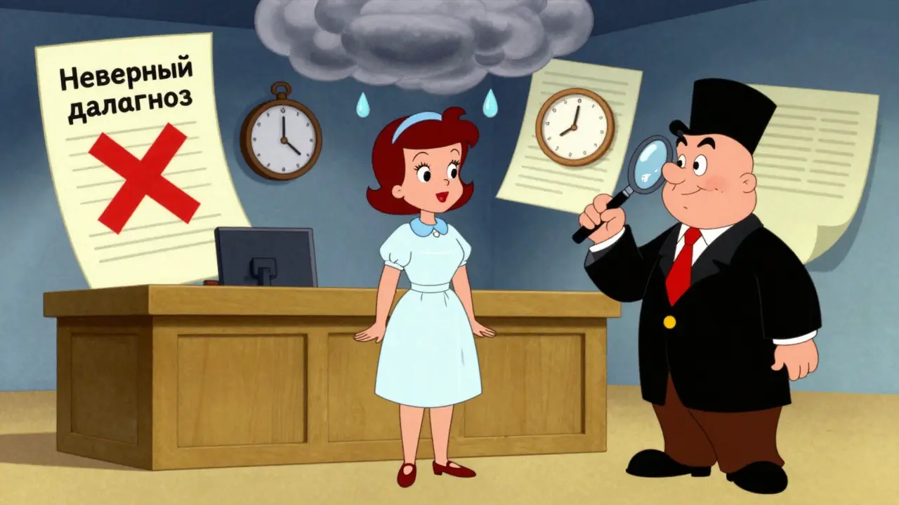 Женщина в больничной одежде в суде, над ней — облако из медицинских ошибок и капель слёз.