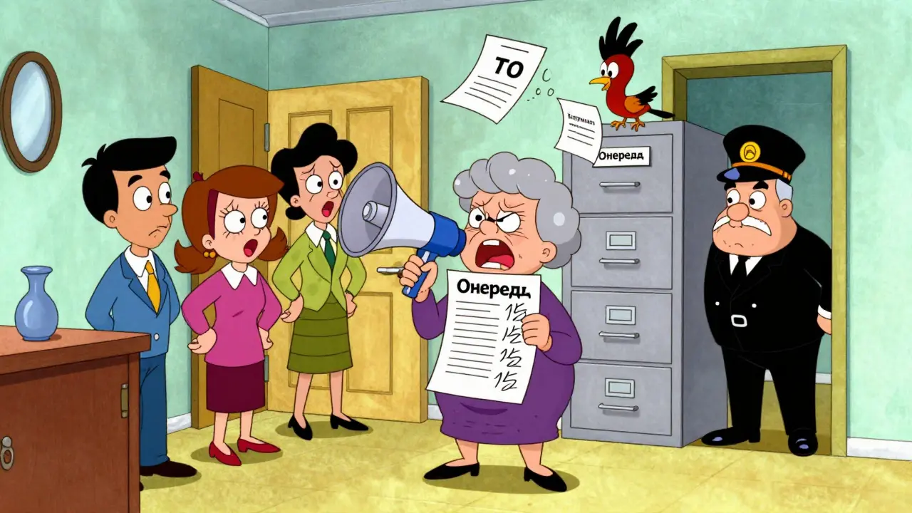 Жильцы собирают подписи под петицией, а чиновник прячется за шкафом с документами.