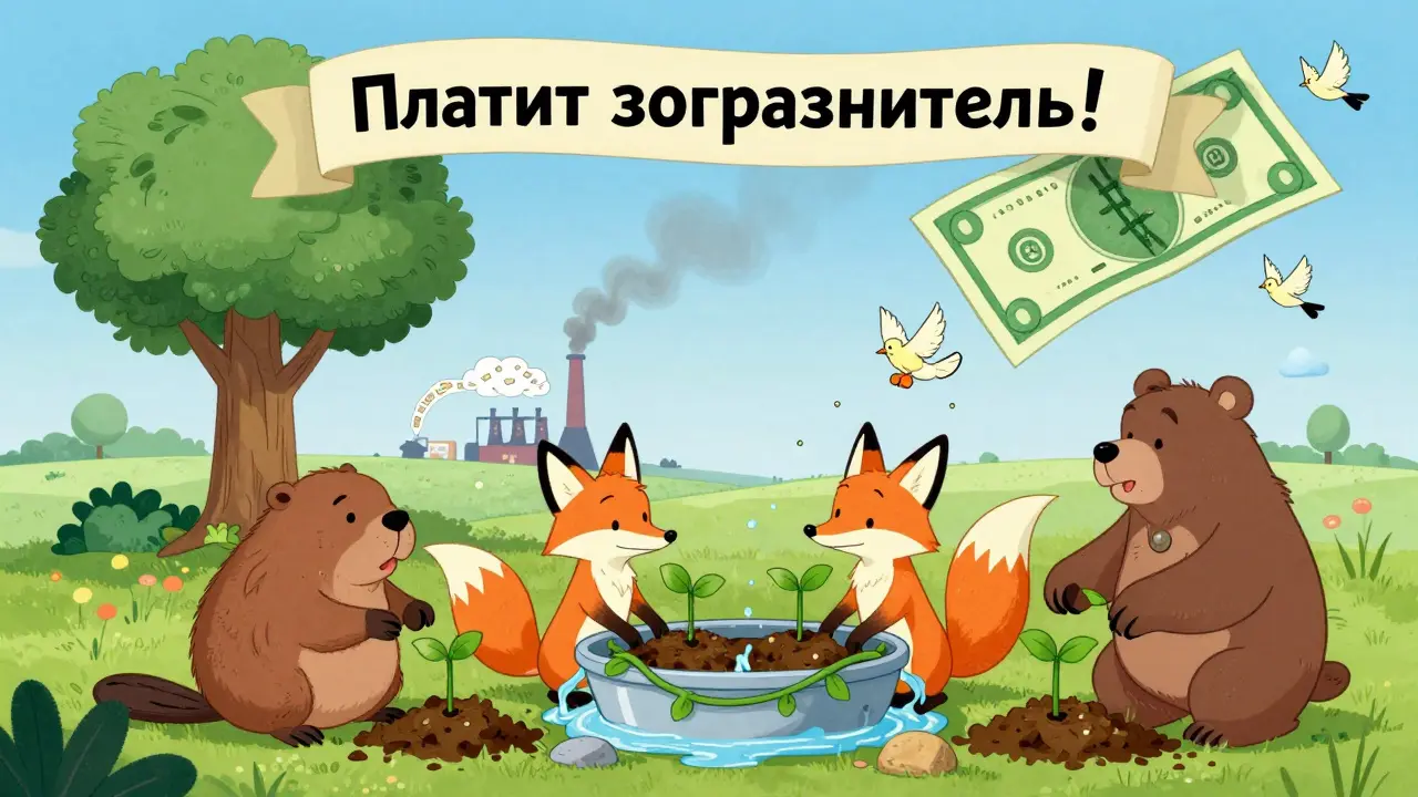 Животные сажают деревья и строят фильтр, доллар превращается в дерево, надпись 'Платит загрязнитель!'