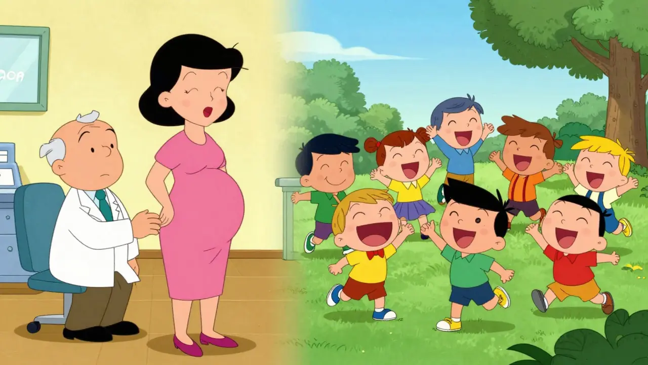 Беременная женщина у врача и играющие дети в парке.