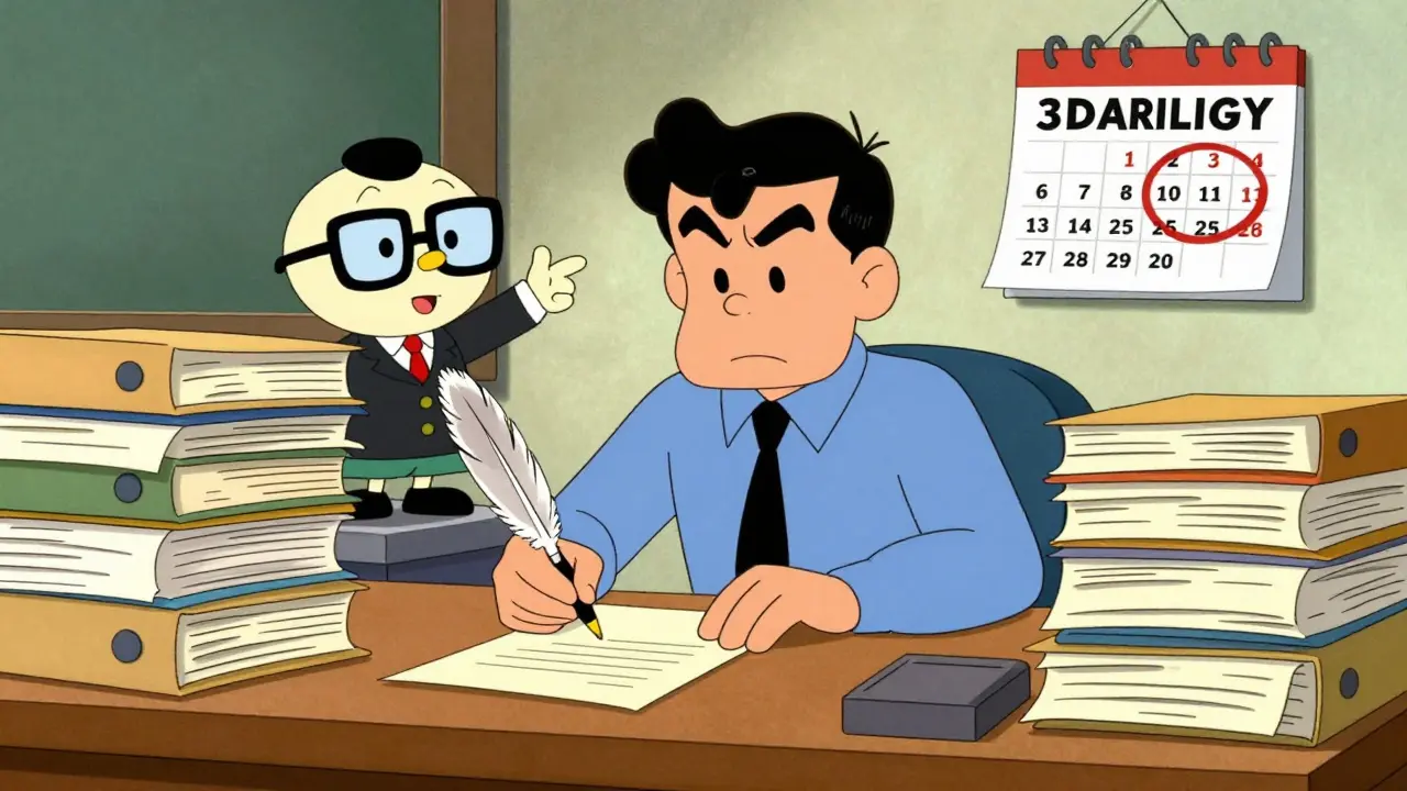 Человек готовит жалобу в МВД, окруженный папками с документами