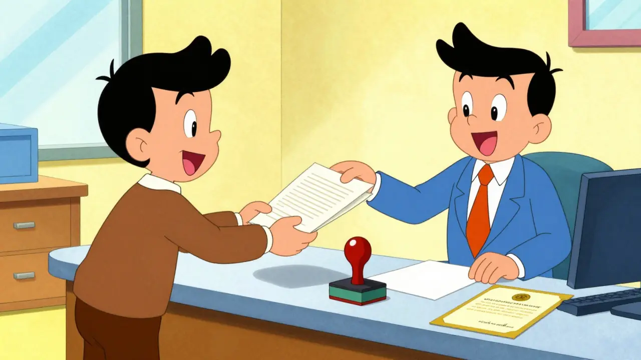 Человек подает документы на оформление собственности в офисе