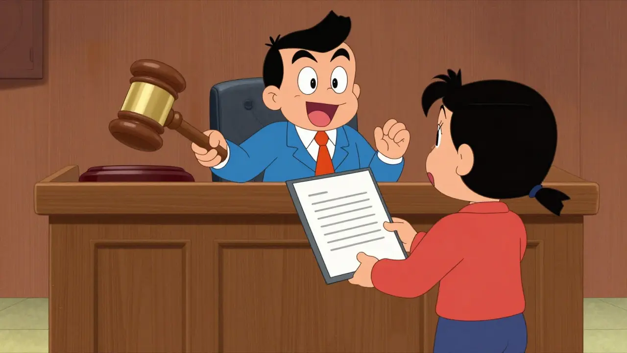Дружелюбная сцена в суде с судьей и родителем в стиле классического мультфильма
