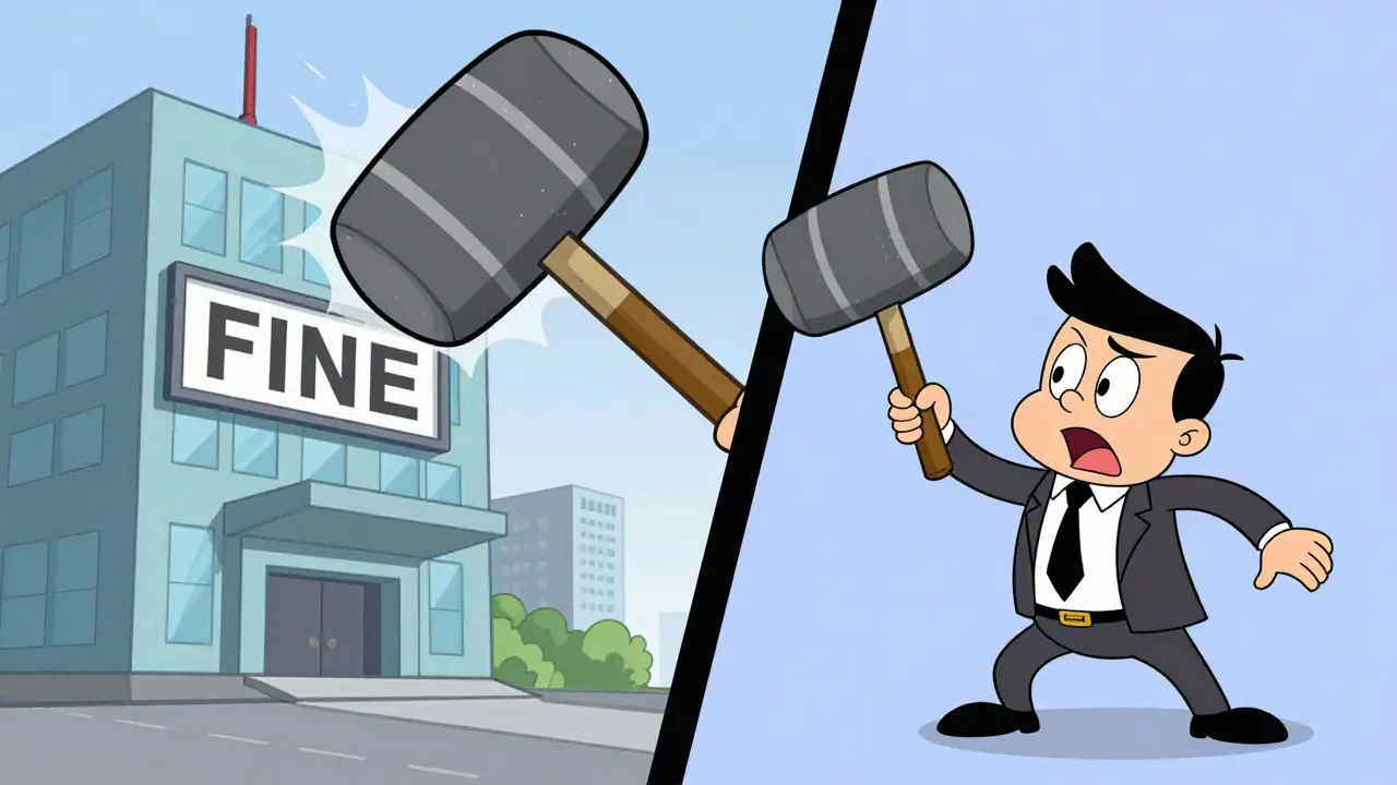 Иллюстрация двойной ответственности: удары молотками по компании и директору.