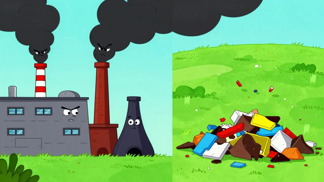 Иллюстрация с дымящимся заводом и свалкой мусора в лесу в стиле ретро-мультфильма