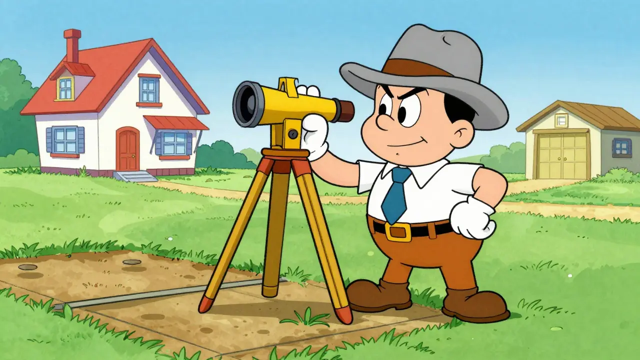 Кадастровый инженер проводит замеры участка с теодолитом