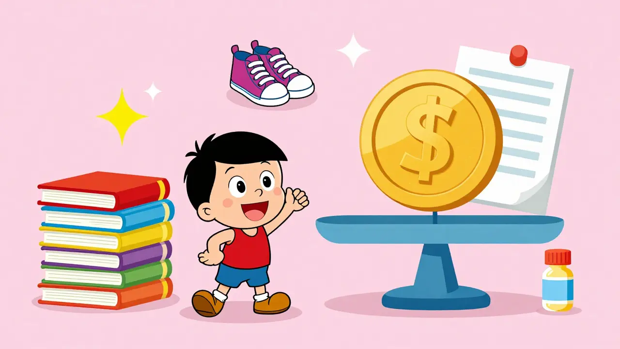 Коллаж с детскими потребностями и весами в мультяшном стиле